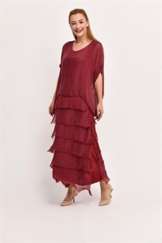 İtalyan 2 Beden Ince Gösteren Yarım Kol Kat Kat Ipek Elbise-8794 Bordo