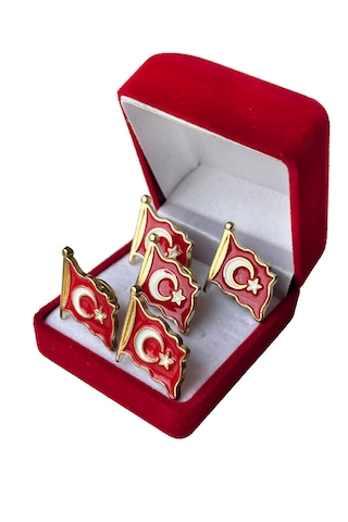 Türk Bayraklı Yaka Rozeti Şık Kutu 5 'li Altın