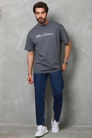 Erkek Baskılı T-shirt Kısa Kol Bisiklet Yaka Regular Fit Tişört - Füme Füme