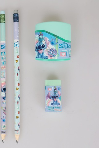 Stitch Lisanslı 3 Adet Silgili Kurşun Kalem, Silgi Ve Çift Bıçaklı Kalemtraş Kırtasiye Seti, Yeşil