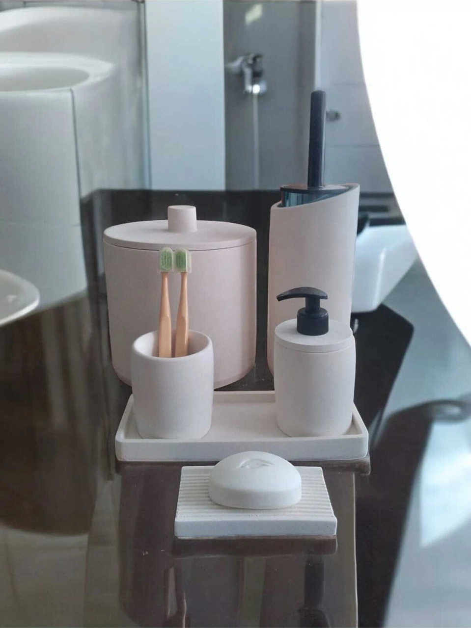 Kırık Beyaz Beton Banyo Seti,çöp Kovasi,tuvalet Wc,sabunluk,diş Fırçalık,tepsi,aksesuar,dekorasyon Beyaz