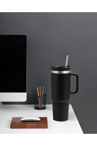 Siyah Paslanmaz Çelik Termos Pipetli 1200ml Siyah