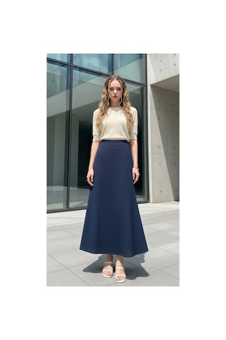 Unika Boutique Renkli Cizgi Desenli Uzun Bürümcük Kloş Etek Lacivert