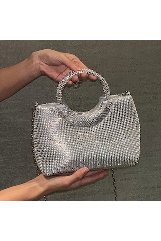 Willowhaven Silvery Renkli Kristal Detaylı Akrilik Kova Çanta Çıkarılabilir Zincir Kayış Gümüşi