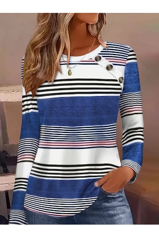 Nnstartshopping Kadın Uzun Kollu Bisiklet Yaka Düğme Detaylı Desenli Süprem Bluz Mavi