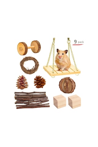 Dianziye Küçük Evcil Hayvanlar İçin Ahşap Diş Tırpanı Ve Oyun Seti - 9 Parça: Hamster, Tavşan, Gine Pig İçin Egzersiz Ve Stres Azaltıcı Oyuncaklar