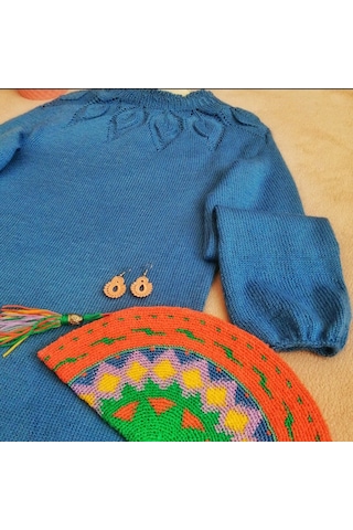 Saks Mavisi Triko Elbise , Örgü Yaprak Desenli Midi Elbise Saks