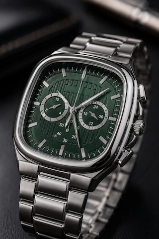 Erkek Gümüş Metal Kordon Analog Kol Saati Yeşil Kadran Takvim Göstergeli - Gümüş Çok Renkli