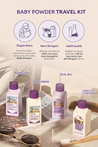 Yoğun Nem Desteği Sunan Saç Ve Vücut Seyahat Seti Mılk Baobab Original Travel Kit Baby Powder