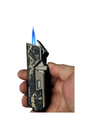 Quantoro Tek Torch Pürmüz Delicili/iğneli Siyah Gold Desenli Metal Puro Çakmağı