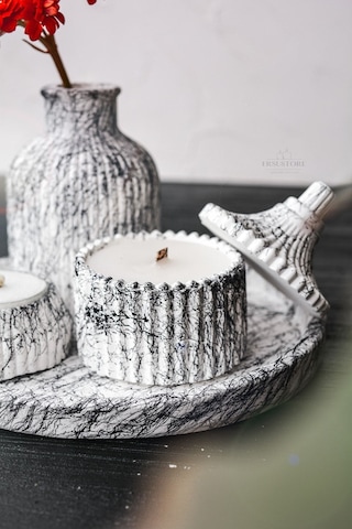 5 Parça Mermer Desen Dekoratif Beton Vazo Ve Vanilya Kokulu Soya 001