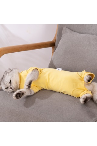 Geeksen Kedi Ameliyat Sonrası Kıyafeti - Yara Koruması Ve Yalama Engeli - Modal Dokuma - Sarı - M Beden