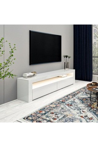 Batı LED Işıklı 2 Kapaklı TV Sehpası – 150 cm – Minimal Tasarım, Parlak Beyaz