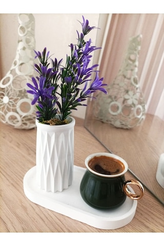 Mini Desenli Beton Saksı Tekli Ve Oval Tabak - Yapay Çiçek Hediyeli - Mor