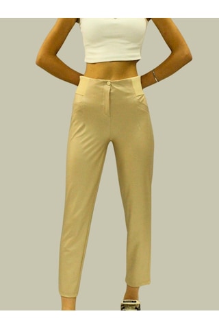 Afri Kadın Yüksek Bel Suni Deri Pantolon Toparlayıcı Slim Fit Bej Esnek Ve Şık Tasarım Bej