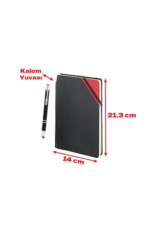 Kırmızı Touchpen Metal Tükenmez Kalemli Dikişli Çizgili Defter
