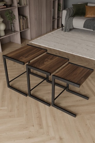 Bronte 3 Lü Zigon Sehpa, Metal Zigon Sehpa Ceviz