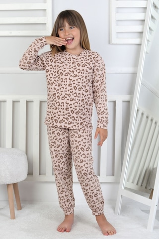 Minik Uyku Avcısı - Vahşi Rahatlık Serisi Leopar Desenli Kız Çocuk Pijama Takımı Kahverengi