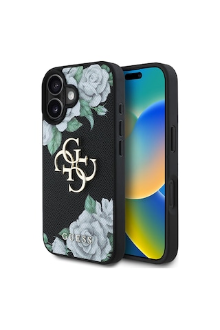 Apple Uyumlu iPhone 16 Kılıf Guess Lisanslı Gül Baskılı Büyük Metal Logo Dizaynlı Kapak Siyah