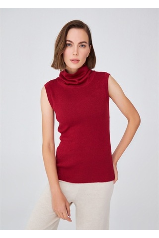 Peraluna Simli Balıkçı Yaka Kolsuz Kadın Triko Bluz Kırmızı-Kırmızı