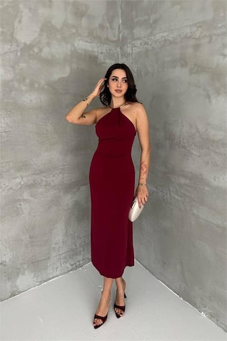 Neşeli Butik Kadın Bordo Sırt Dekolteli Metal Yaka Midi Elbise Nbk4543 Bordo