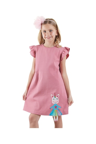 Denokids Lilycorn Kız Çocuk Pembe Yazlık Elbise Renkli Çok Renkli