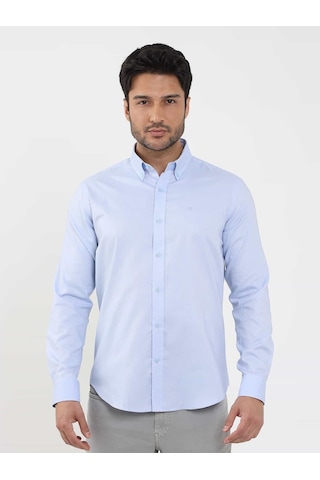 Dufy Mavi Erkek Slim Fit Düz Brent Düğmeli Yaka Uzun Kol Gömlek - 104329-mavi Mavi