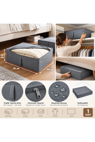 Gri Kumaş Saklama Hurcu 44x55x19 Cm Fermuarlı Dolap İçi Düzenleyici, Yorgan Battaniye Kıyafet Organizer