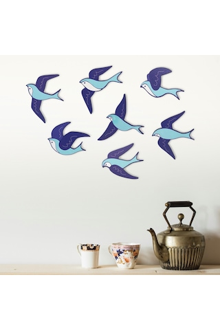 Cajuart Dekoratif 7 Parça Turkuaz Mavi Uçan Kuşlar Ahşap Duvar Tablo Duvar Dekoru