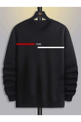 Unisex Oversize Paris Çizgi Baskı Bisiklet Yaka Siyah Sweatshirt Siyah