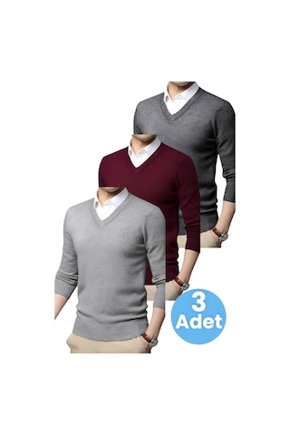 Tezzgelsin 3'lü Erkek V Yaka Uzun Kol Triko Tüylenmez Süveter Erkek Slim Fit Süveter Gri - Bordo - Füme