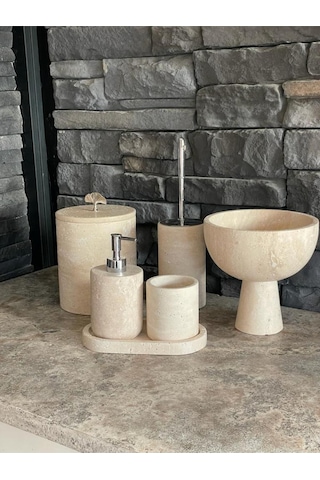 Yeni Model Traverten 6'lıbanyo Seti Ayaklı Kase Havluluklu Takım Beyaz