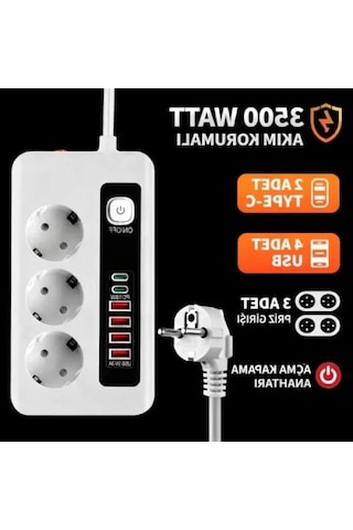 3500w Akım Korumalı Çoklu Priz, 3 Priz Girişi, 2 Type-c + 4 Usb Port 0