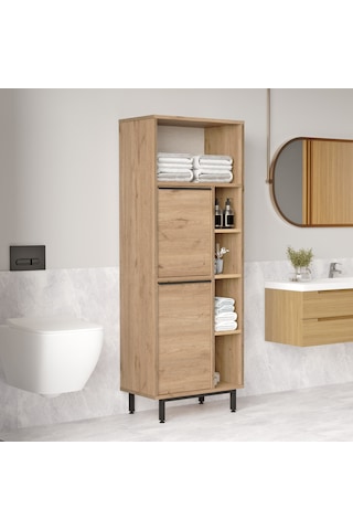 Lidya Banyo Dolabı Çok Amaçlı Dolap 2 Kapaklı Metal Ayaklı Sepet Kahverengi