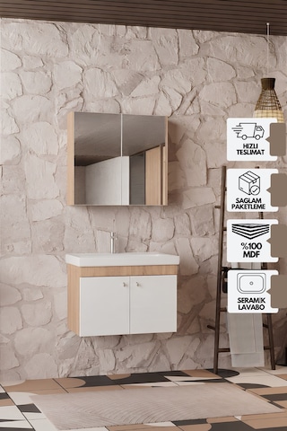 Milano 80 Cm, Lavabolu Banyo Dolabı Seti, Lavabo Dahil, Ayna Dahil, Sonomo Meşe, Mdf Beyaz - Sonomo