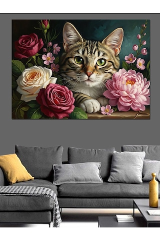 Güller Arasında Şirin Kedi Portresi Dekoratif Kanvas - Mdf Ahşap Tablo