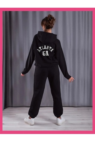 Modern Moda Kadın Atlanta Baskılı Kapüşonlu Sweatshirt Alt Üst Eşofman Takımı Rsatk010 Siyah
