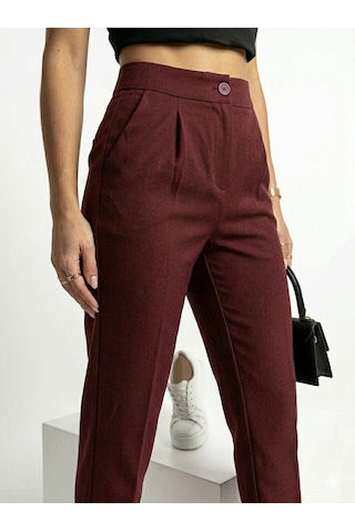 Ribana Classic Kadın Dar Paça Pileli Mevsimlik Klasik Moda Kumaş Pantolon 4687 Bordo