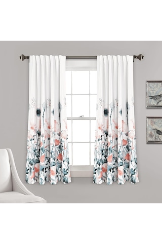 Zuri Flora Oda Karartma Pencere Perdesi Panel Çifti, 160 Cm Uzunluk X 132 Cm Genişlik, Mavi Ve Mercan