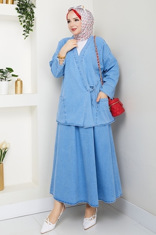 Bestenur Kimono Etek İkili Kot Takım 1531 - Açık Mavi Açık Mavi