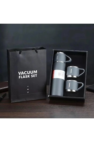 Vacuum Paslanmaz Çelik 3 Bardaklı Vakumlu Termos Set Gri 500 ML Gri