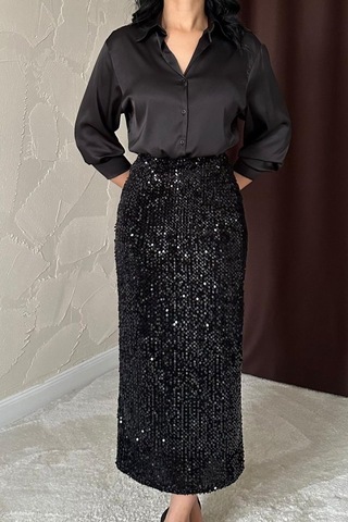 Siyah Pulpayetli Parlak Etek Siyah