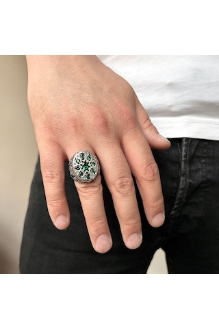 Özel Tasarım 925 Ayar Gümüş Yeşil Zirkon Taşlı Erkek Yüzük Gümüş