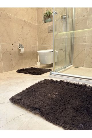 Tavşan Kahverengi Kaymaz Tabanlı 2'li Banyo Halısı Seti