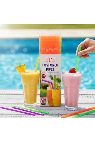 Fosforlu Pipet 24 Cm 225 Li Karışık Renk Kafe Tipi Renkli Uzun Pipet Diğer