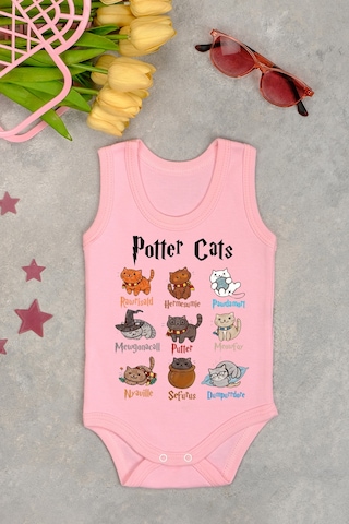 Bebetospik %100 Pamuklu Potter Cats Baskılı Yumuşak Doku Baskılı Zıbın & Body Pembe