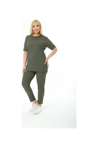 Modasehle Kadın Kısa Kollu Beli Lastikli Yırtmaçlı Rahat Kalıp İkili Pijama Takım Haki