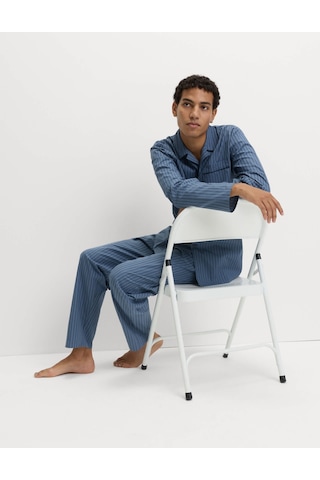 Marks & Spencer Saf Pamuklu Çizgili Pijama Takımı T07004778 Mavi
