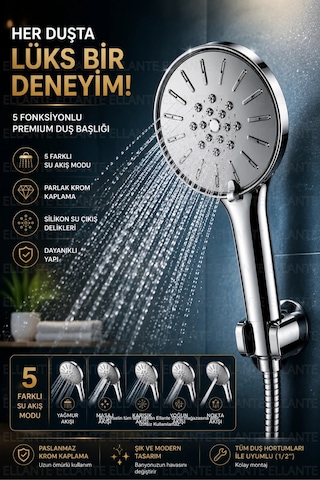 Premium 5 Kademeli Duş Başlığı Yüksek Basınçlı Tasarruflu El Duşu Krom Kaplama Paslanmaz Gövde Stand Çok Renkli