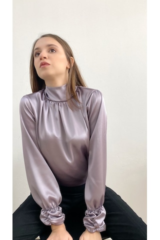 Mois Atelier Gül Kurusu - Gri Saten Bluz, Tasarım, Hediye, Büyük Beden, Tesettür Gri